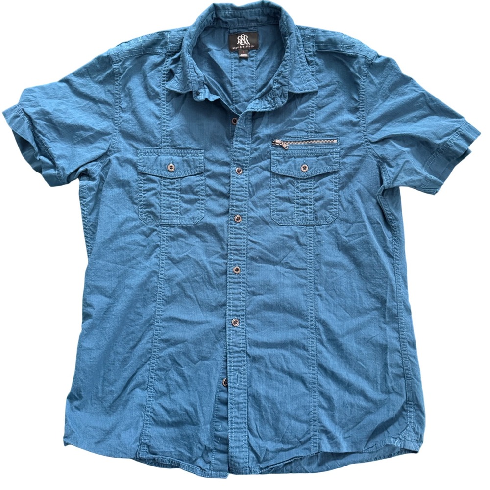 Rock Republic Blue Short Sleeve Button Down Shirt Men's Large Cargo Pocket Zip
